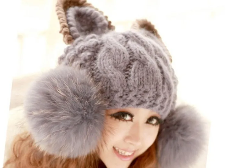 Осень и зима шерстяная вязаная женская модная меховая шапка с ушками кота кролика