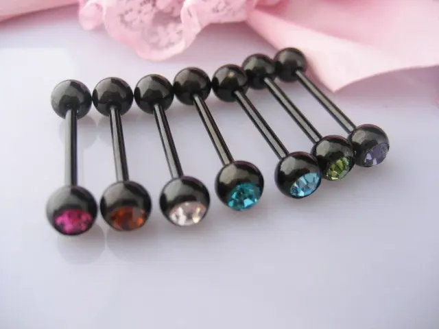 Новый LOT50pcs кристалл черный язык из нержавеющей стали кольцо для соска Бар 14g x 16 мм Украшения для тела