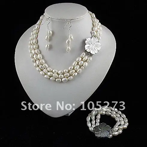 Очаровательная! jewelry Set 3 ряда AA 7-8 мм белый цвет Натуральной пресноводного жемчуга ожерелье, браслет, серьги Горячие продажи Бесплатная