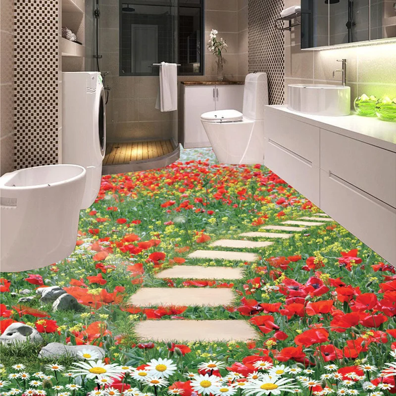Custom 3D Mural Wallpaper Flower Small Road Bathroom Kitchen Bedroom Floor Sticker Decor PVC 