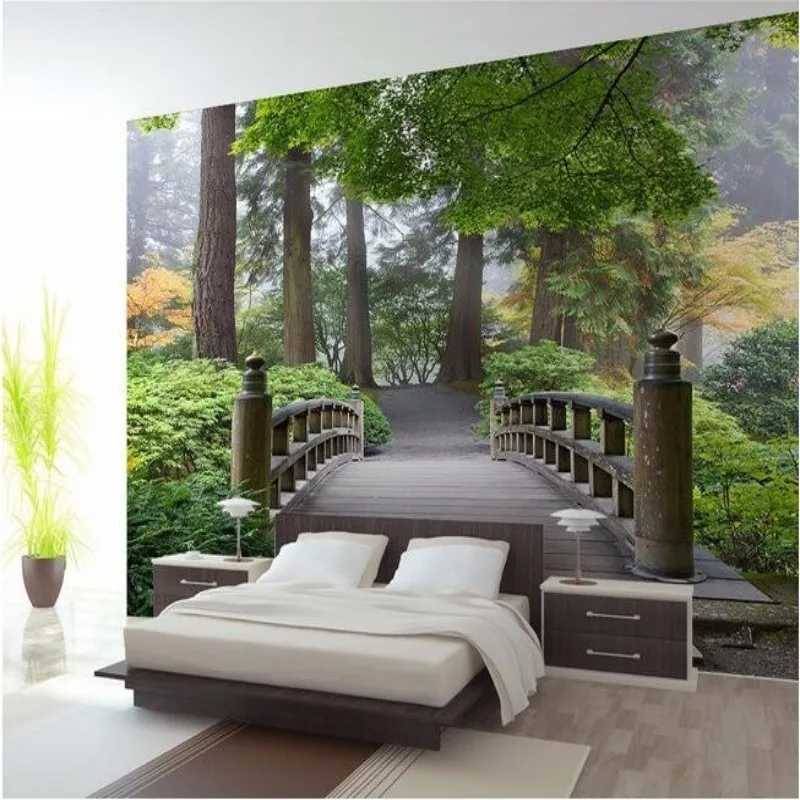 custom 3d wallpaper mural  bridge forest green landscape painting on the wall murals photo wallpaper parede de parede Beibehang