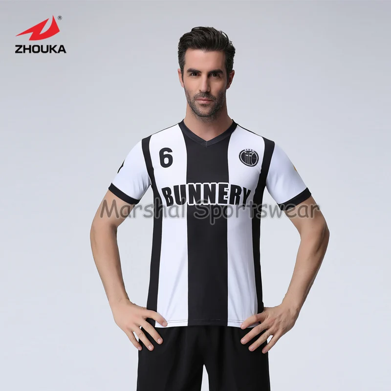 black and white stripes,100%polyester,top quality,fully sublimation custom soccer jersey,MOQ 5pcs,anyand color can be customized