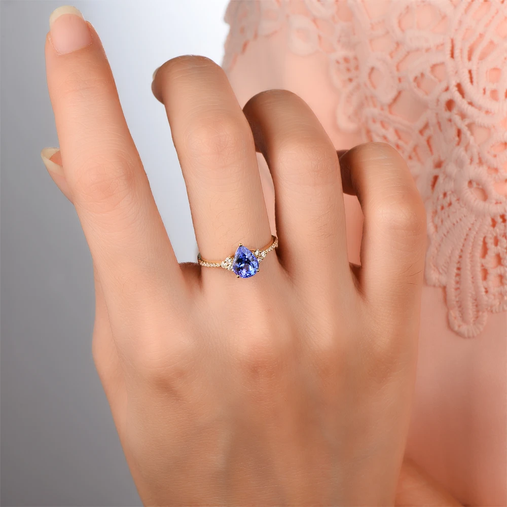 14KT/585 Желтое золото 0.89ct натуральный Танзанит 0.19ct натуральный бриллиант круглой огранки обручальное Драгоценное кольцо ювелирные изделия