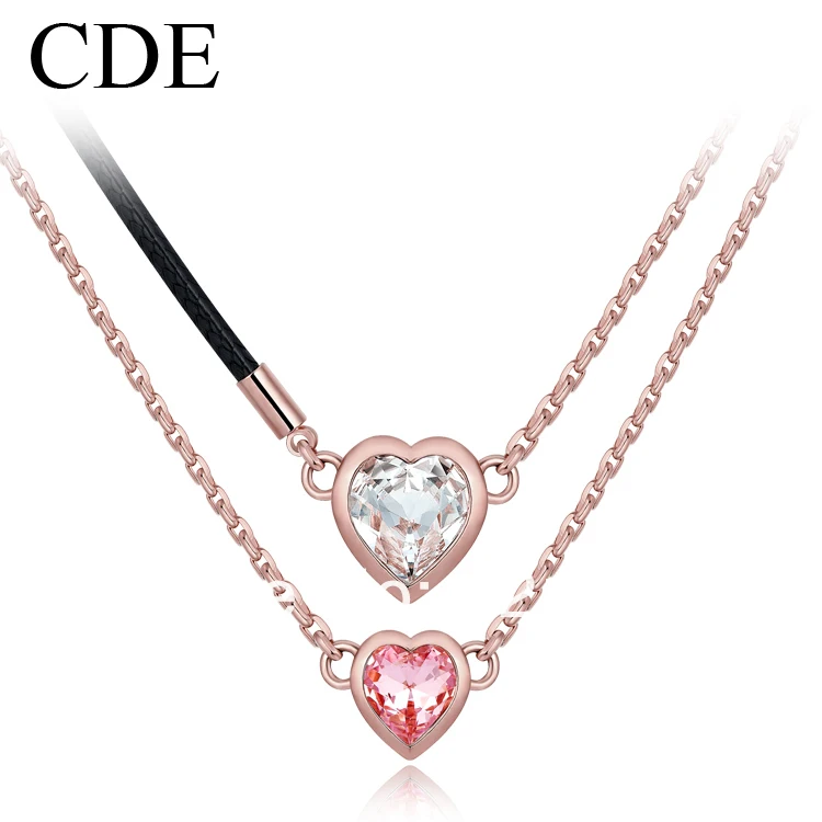 elegant thin double chain necklace austrian crystal heart shaped