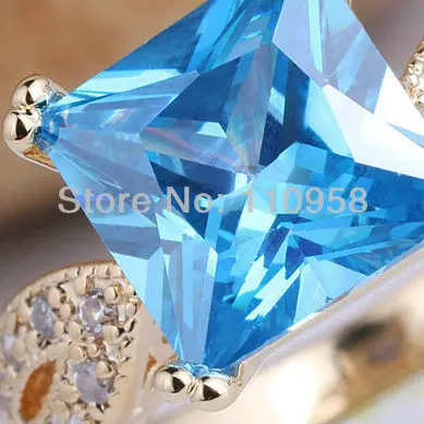 Золото Цвет S925 кольцо стерлингового серебра Дамы 9x9 мм принцесса площади кубический цирконий CZ ювелирных R101 Размеры 6 7 8 9