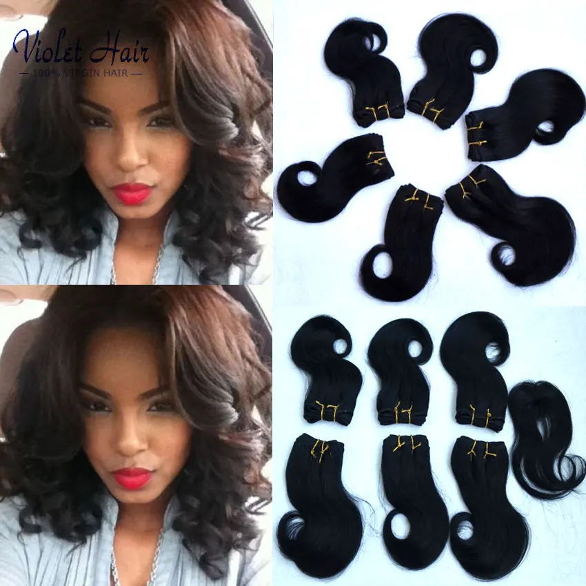 Short Hair Brazilian Weave 8 inch 6pcs And Top Closure Natural Black Brazilian Body Wave With Top Closure Tissage Bresilienne
