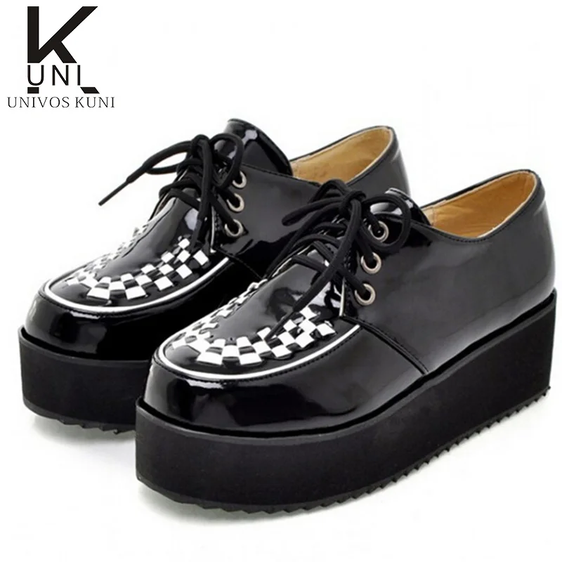 2016 Brand New Autumn Women Flats Round Toe Flat Platform Shoes Woman Checkered Lace Up 