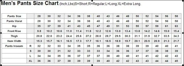 Mens Dress Pants Size Chart