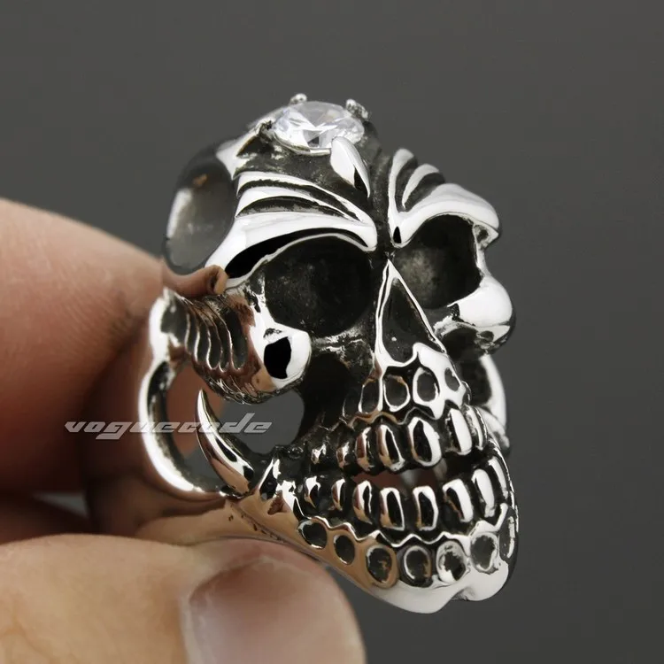Огромный 316L Нержавеющая сталь коготь skull ring белый камень CZ Мужская Байкер в стиле панк 7e001