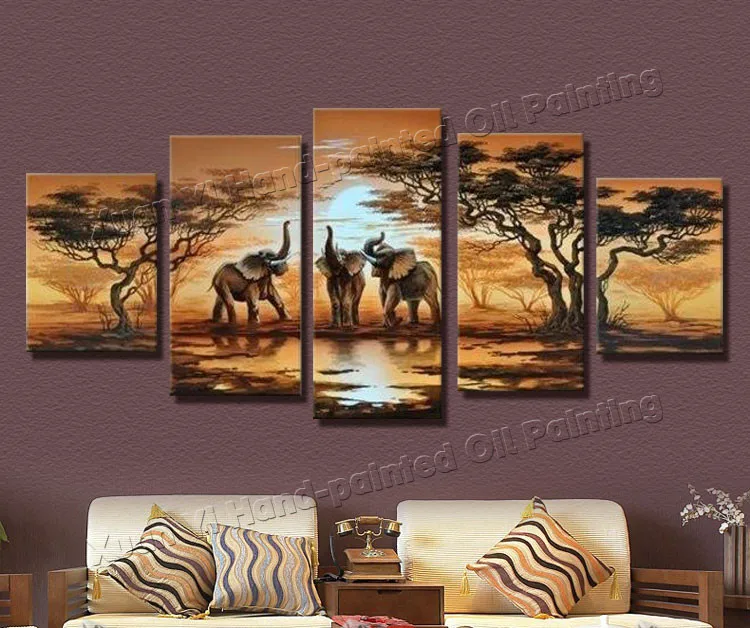 5 Панель Современная ручная роспись Африканский сафари пейзаж маслом слон лес пейзаж Картина Куадрос холст без рамы XY021