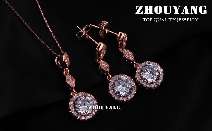 ZHOUYANG, высокое качество, ZYS283, кубический цирконий, розовое золото, ювелирное изделие, ожерелье, серьги, набор, стразы, Сделано с австрийскими кристаллами