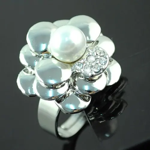 free shipping , flower rings with pearl in middle ,rhodium color 3 pcs/lot,rn-496