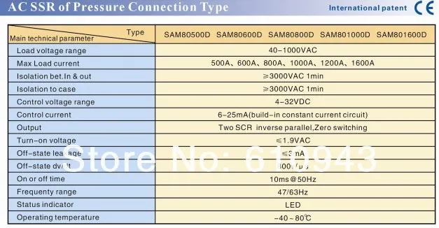 Промышленный класс твердотельные реле SSR SAM801200D 1200A 40-40-800VAC 4-32VDC