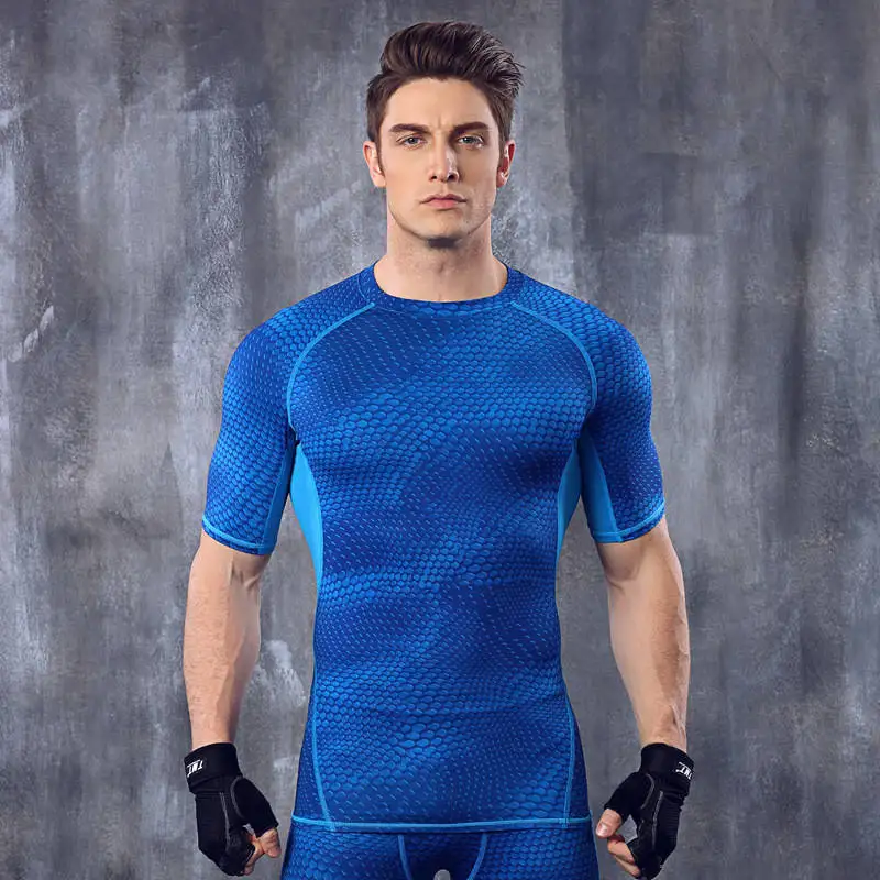 Синий Для мужчин высокого эластичная безрукавка футболки body shaper фитнесс топы Короткий рукав быстросохнущая рубашка MA20 - Цвет: Синий