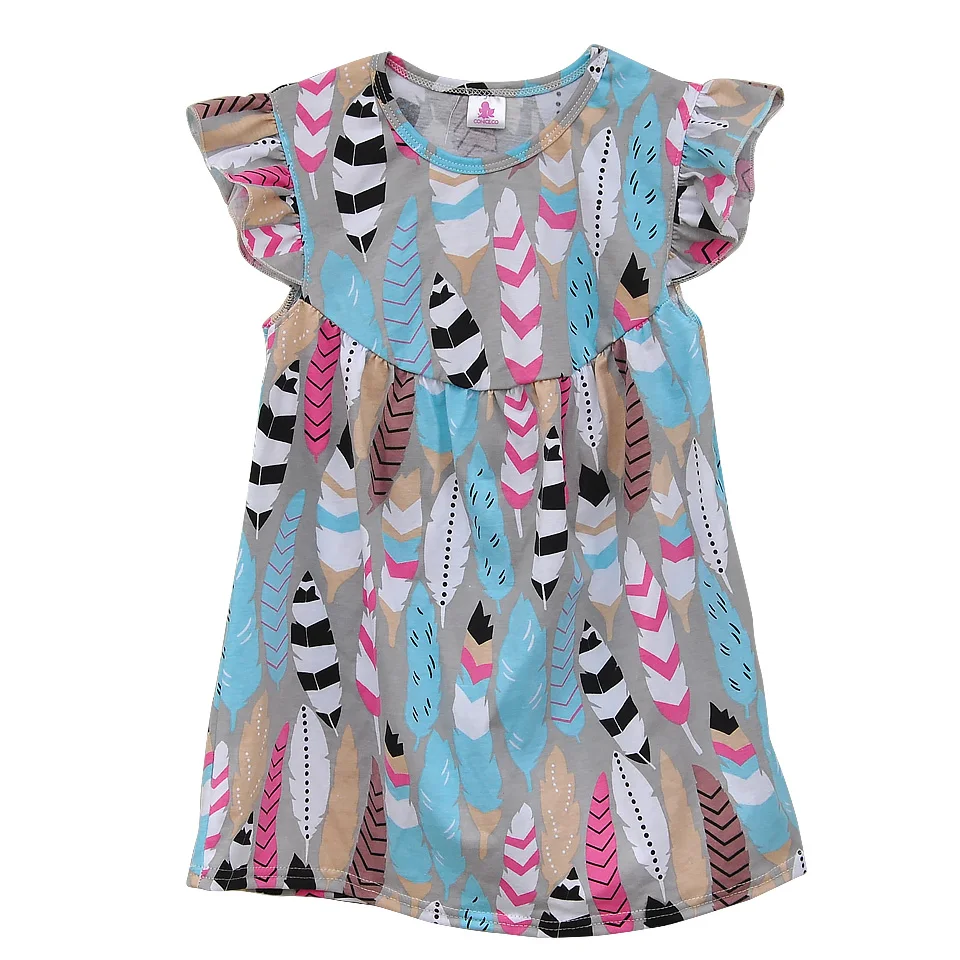 Factory Direct Sale Baby Girls Summer Dress Feather Print Cotton Children Spring Clothing Boutique Kids Ruffle