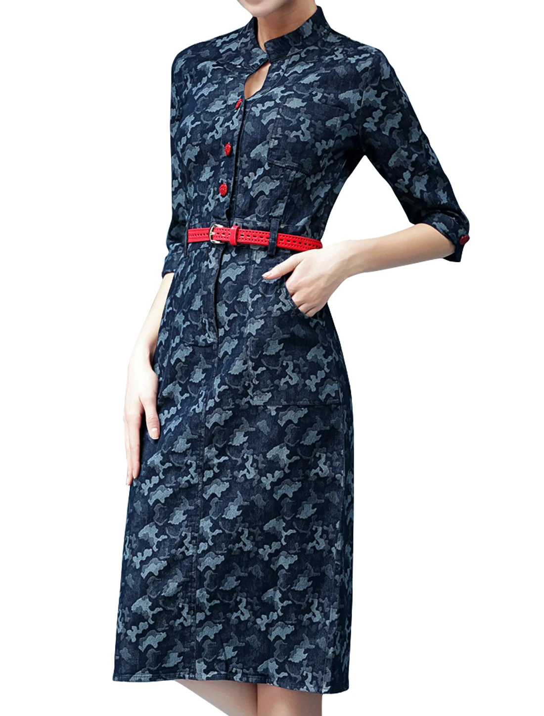 ALLEGRA K Женщины 3/4 Рукава Новинка Печать Половина Пуговицах Джинсовые Midi Dress Ж Пояса