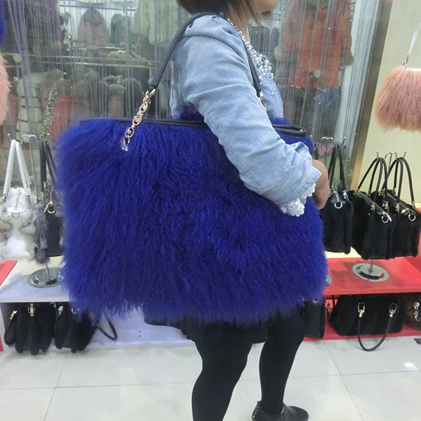 Wholesale Price Ladies White Sheep Fur Handbag / Real Fur Bags