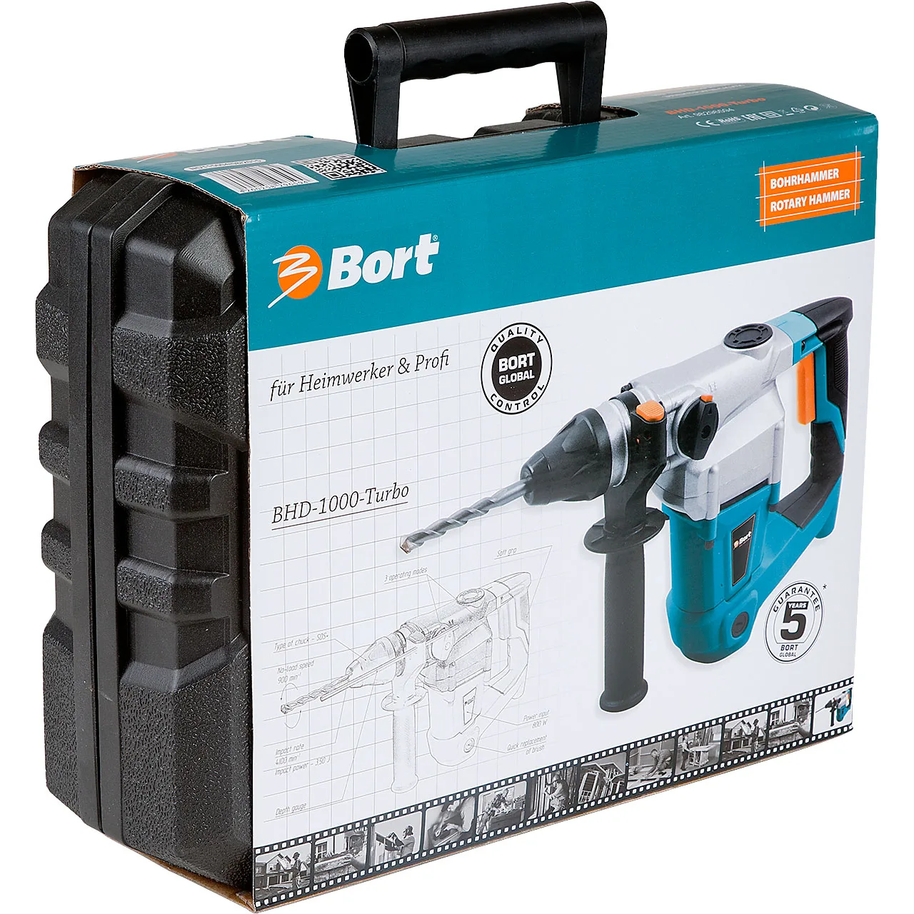 Перфоратор электрический Bort BHD-1000-TURBO(Мощность 1000 Вт,3 режима работы, энергия удара 3,5 Дж, сверление до 26 мм в бетоне, кейс с комплектом буров, пика и долото