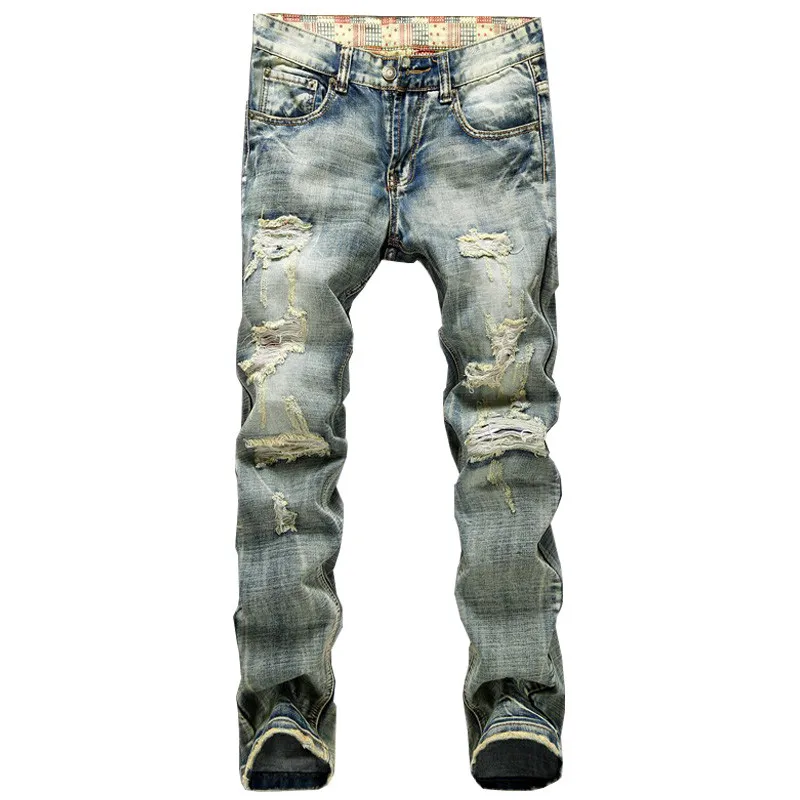 

Newsosoo Men Ripped Jeans Pants With Holes Vintage Distressed Denim Joggers Straight Destoyed Torn Jean Trousers Plus Size 28-42