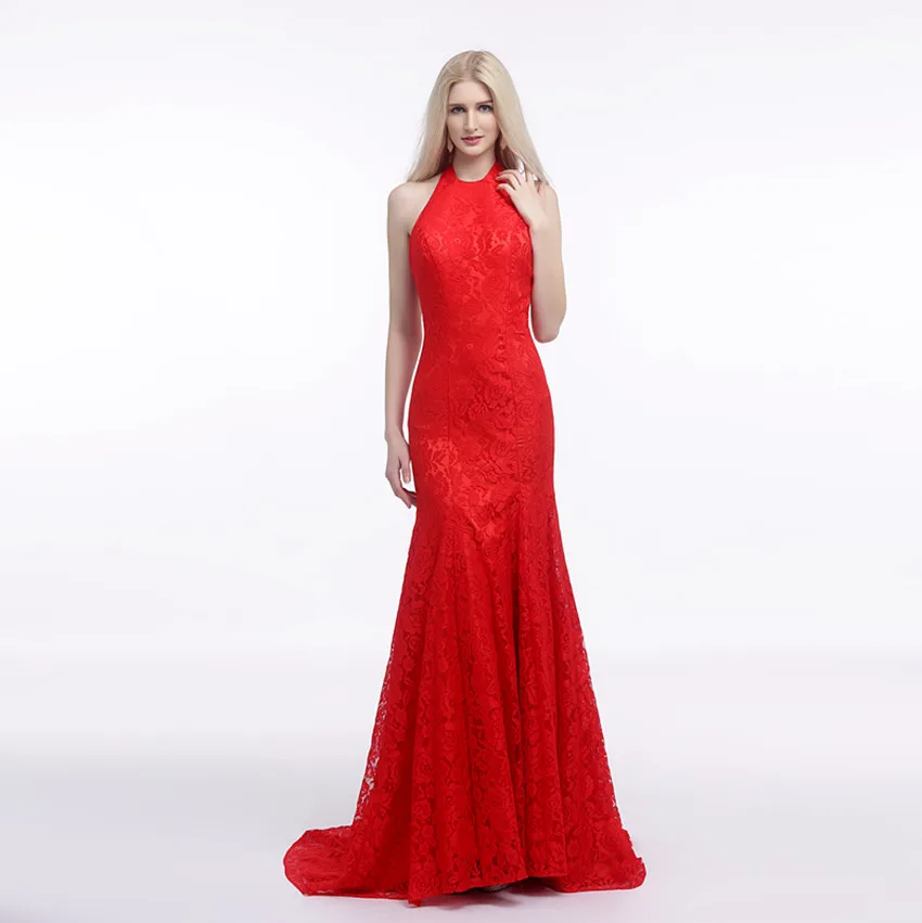 High Neck Red Lace Mermaid Maternity Prom Dresses Backless Meerjungfrau