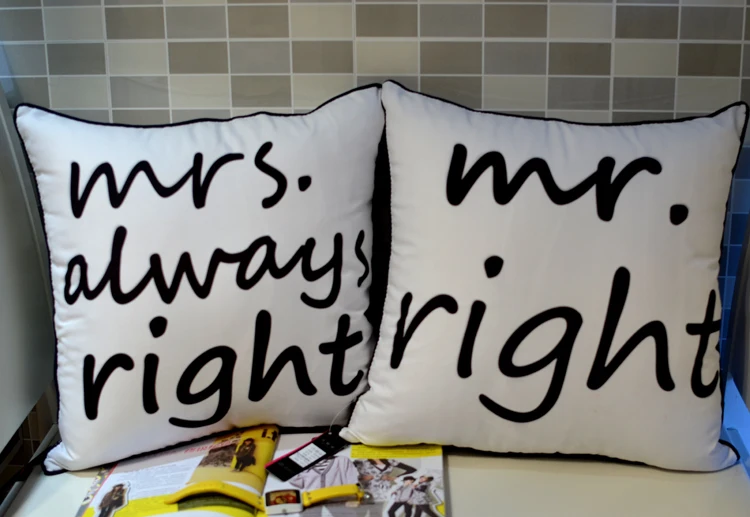 Дизайнерский Mr Right and Mrs Always правильный принт, микроволокно чехол для подушки наволочка для дивана, 2 шт./комплект, 45*45 см(18 дюймов