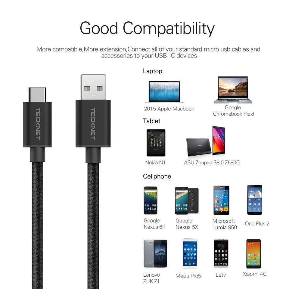 TeckNet 1 м нейлоновый Плетеный USB кабель 3,0 type C нейлоновый кабель для быстрой зарядки USB кабель для передачи данных для huawei Android мобильный телефон usb зарядный шнур