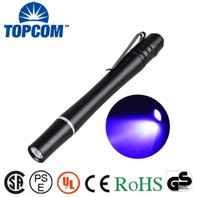 TopCom 3 W УФ-излучение ручка 2* AAA Батарея питание металла Материал деньги осмотр светодиодных УФ-фонарик мини ручка фонарик 395nm