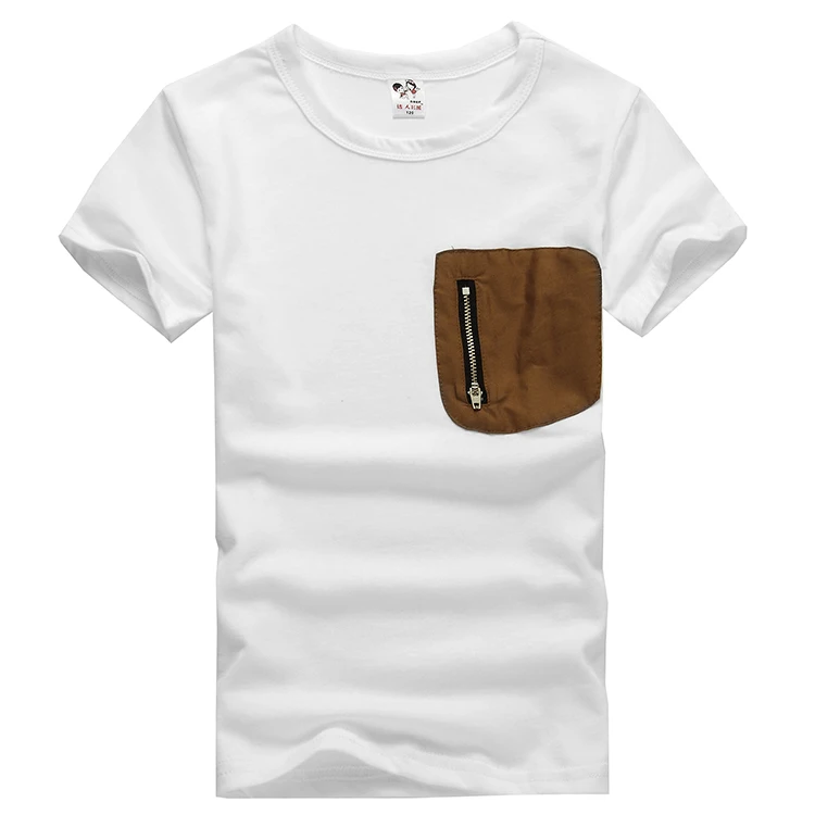Оригинальные хлопковые короткие футболки с одним накладным карманом на молнии