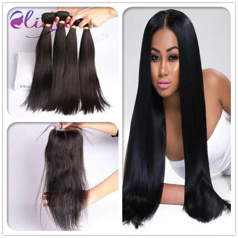 4 Связки С Закрытием 10А Перуанский Девы Волос Закрытие Natural Color Прямо Человеческих