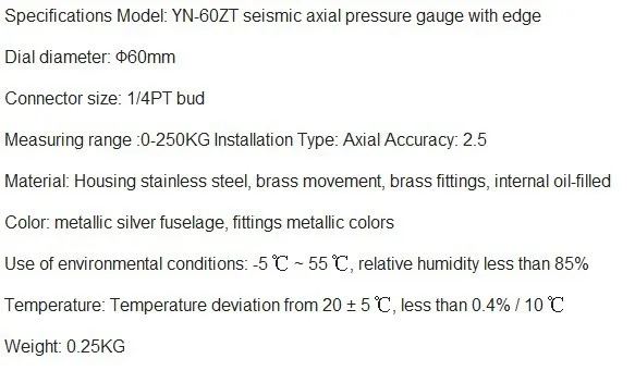 Масло Давление датчик, жидкий Заполненный Манометр YN-60ZT, 1/4PT 60 мм, 0-700 кг