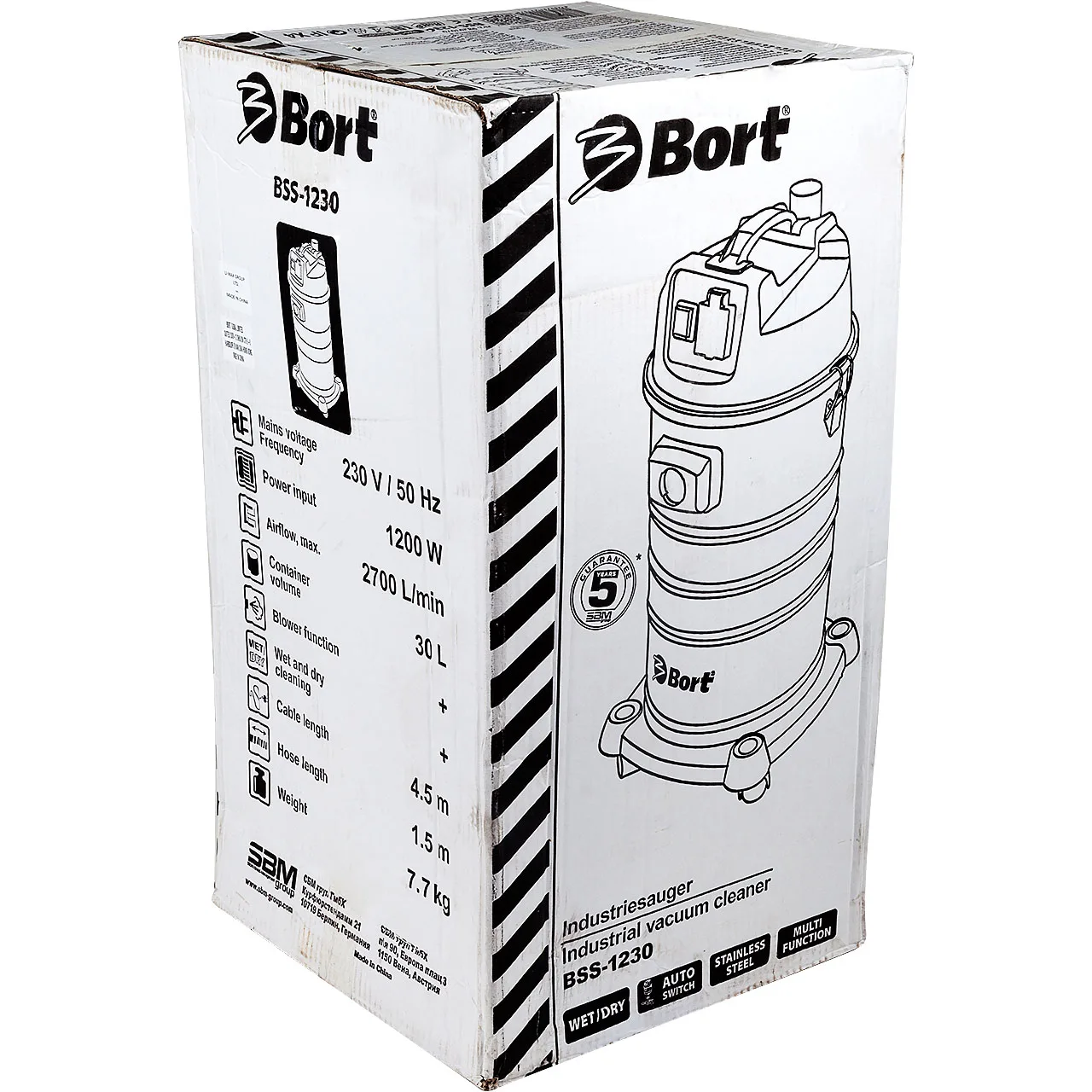 Пылесос для сухой и влажной уборки Bort BSS-1230 (Мощность 1200 Вт, вместимость пылесборника 30 л, длина шланга 1,5 м, функция выдува и сбора жидкости, автоотключение, подключение электроинструмента, тканевый фильтр, сетевой кабель - 4,5 м)