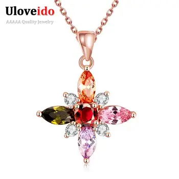 

Rainbow Pendants with Cross Women's Jewelry Necklace Multicolor Flower Crystal Pendant with Rhinestones Rose Gold Color N083
