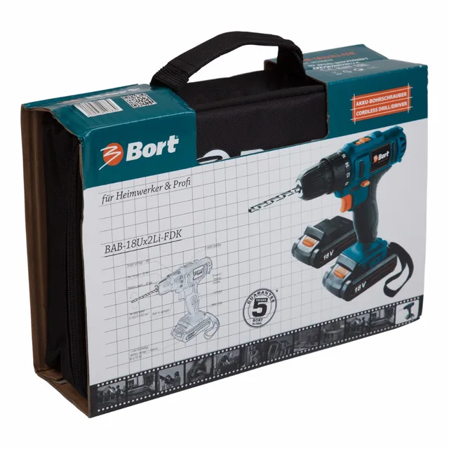 Дрель-шуруповерт аккумуляторная Bort BAB-18Ux2Li-FDK (напряжение 18 В, 2 скорости, 2 аккумулятора, Li-Ion батарея, сумка)