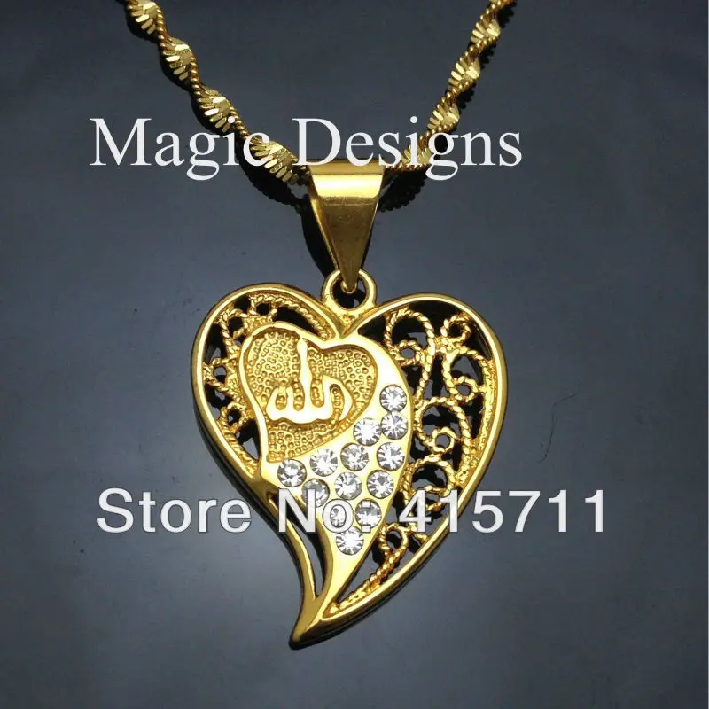 Yh-an12 5 шт./лот Ислам jeweley 24 К золото Цвет Ясно сердца Rhinestone Аллах Подвеска Chain мусульманского Цепочки и ожерелья