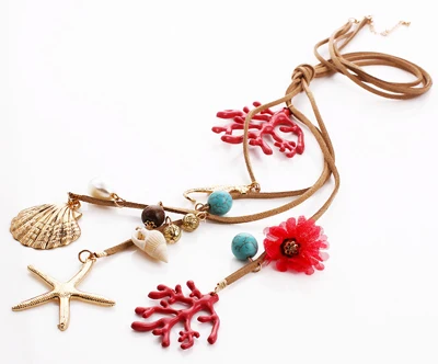 Necklace JZTOP бренд искусственный жемчуг цветок кожаный веревочный браслет с подвеской Цепочки и ожерелья Модные сплав кораллового цвета в виде Ракушки Морская звезда серьги с подвесками в виде звезд из Цепочки и ожерелья - Окраска металла: Necklace