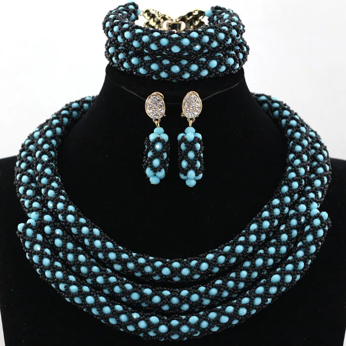 Awesome Nigerian Wedding Beads Teal Crystal Jewelry Set Black Seed Beads Queen Lady Party Jewelry Set Free shipping WA957