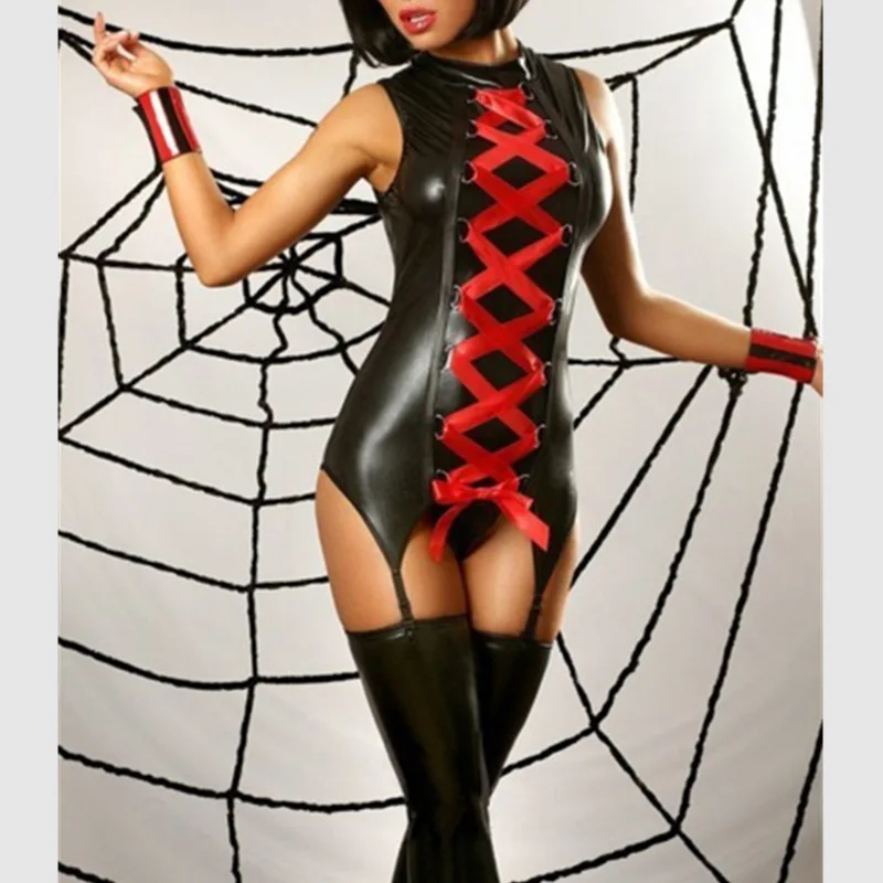 

Sexy Women Black Leather Latex Teddy Bodysuit Red Ribbon Gothic Bondage Corset Erotic Maid Clubwear Fetish Catsuit
