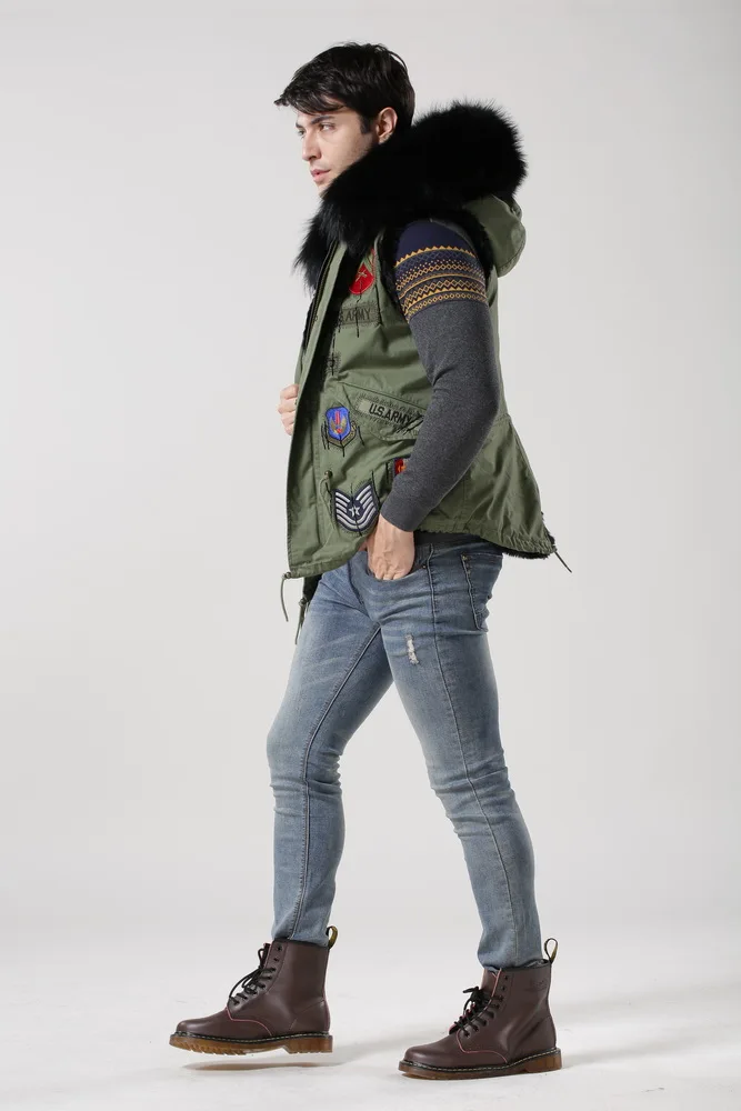 Fur trimmed green jacket with bead removable sleeve in leather, unisex fashion parka