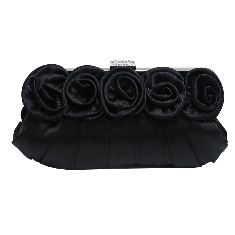 

Womens Flower Pleated Satin Evening Purse and Evening Clutch Black Evening Bags