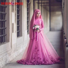 2017 New Arrival Long Sleeve 3D Floral Flower Muslim Evening Dress With Hijab Custom Made Formal Dress to Party Robe De Soiree