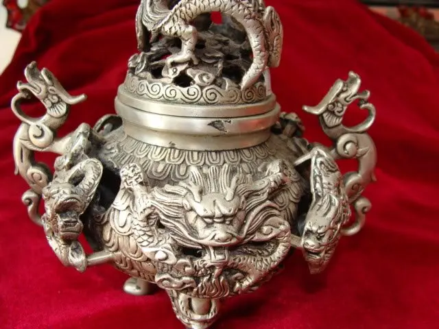 Редкий Старый Ming Dynasty Серебряный курильщик/ладан, резной дракон, с отметкой, лучшая коллекция и украшение, бесплатная доставка
