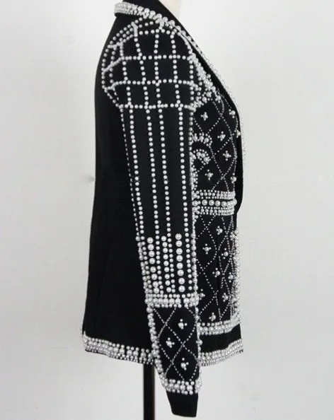 Дизайнерская подиумная Новая модная Высококачественная Женская куртка с длинным рукавом и жемчугом ручной работы, роскошная черная верхняя одежда