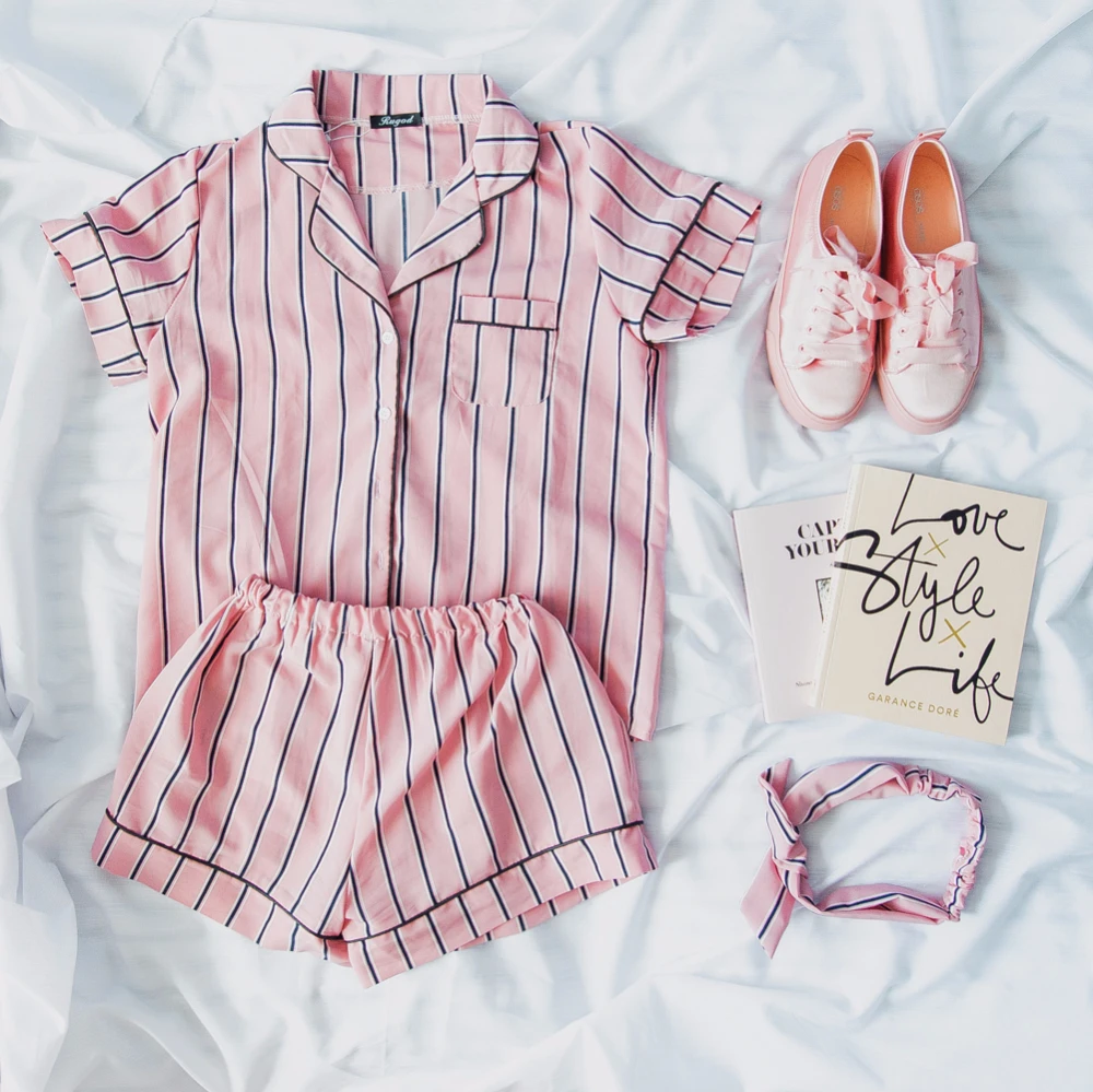 RUGOD Summer 2017 New Fashion Women Pajamas Turn-down Collar Sleepwear 2 Two Piece Set Shirt+Shorts Striped Casual Pajama Set