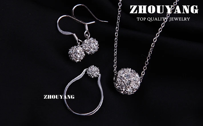 ZHOUYANG ZYS293 Белый хрустальный шар серебряного цвета ювелирные изделия ожерелье серьги кольцо набор Стразы с австрийскими кристаллами