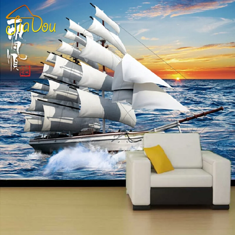 Customized Large Mural 3D Sailing Yacht Photo Wallpaper Non woven