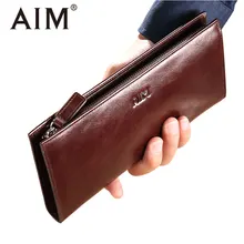 AIM High Quality Vintage Genuine Leather Wallet Men Oil Wax Cow Leather Clutch Wallets Zipper Phone Card Holder Male Long Purse