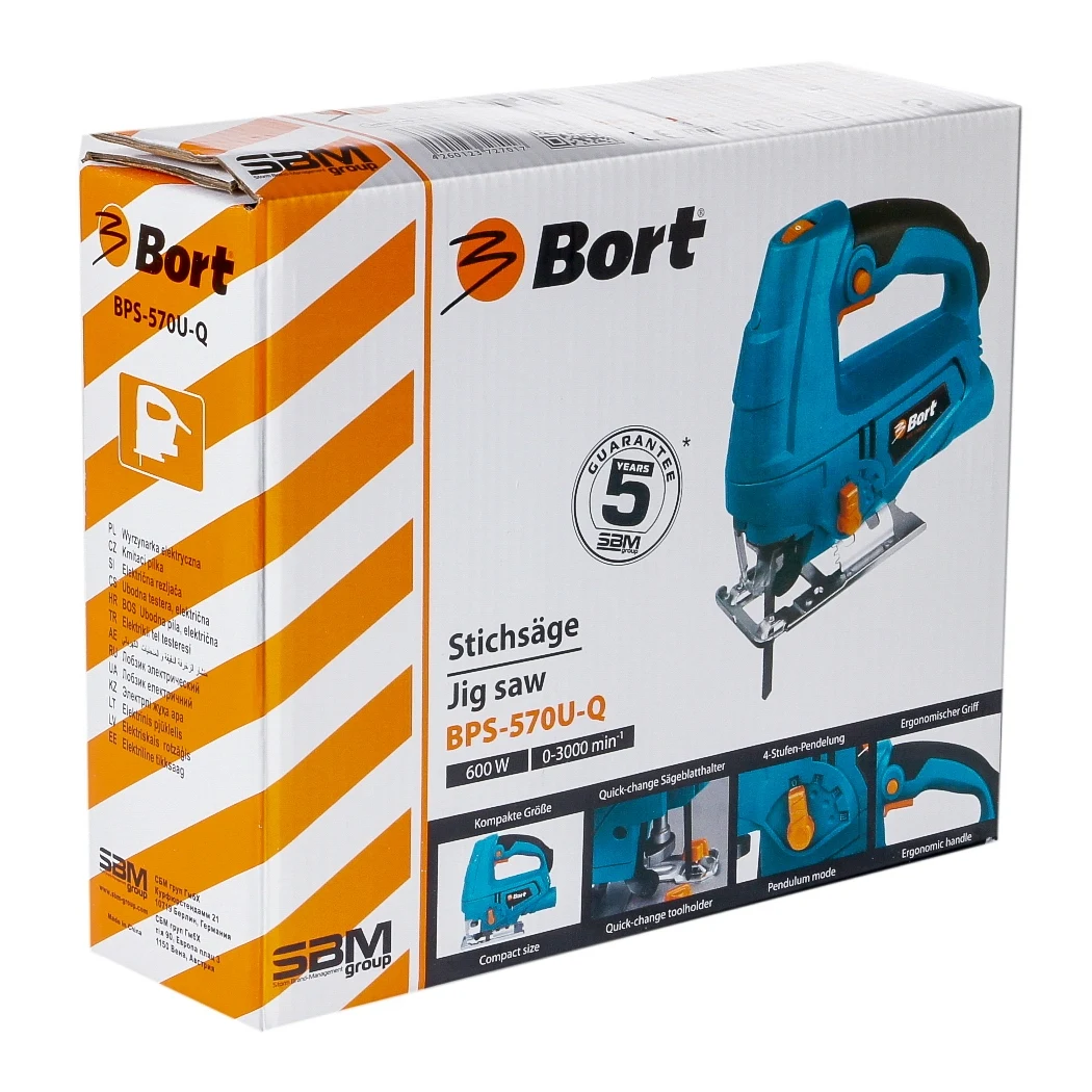 Лобзик электрический Bort BPS-570U-Q (мощность 570 Вт, быстрозажимной патрон, маятниковый механизм, подключение к пылесосу)