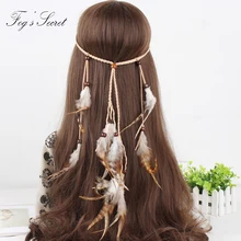 Feather Hairband Long Length Indian style Gypsy Bohemian Made For Peacock hair Wooden bead Beach Party Model Performance