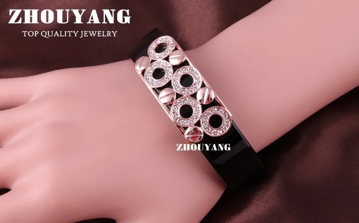 ZHOUYANG мужские браслеты 2018 Черный Прекрасный круглые розовые золотые цвет браслет ювелирные изделия Сделано из натуральных Австрийские