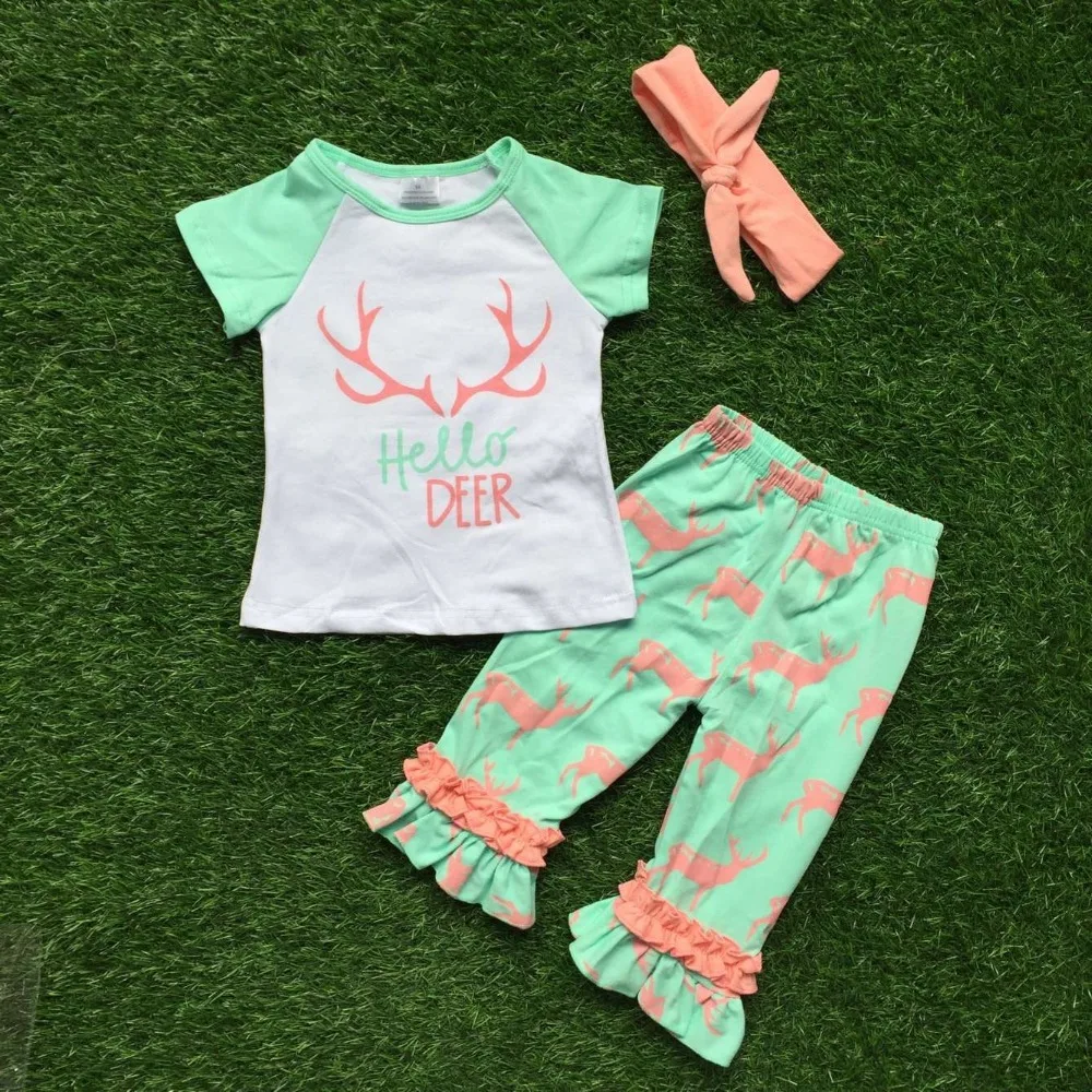 baby girls summer clothing hello deer outfits short sleeve ruffle capri